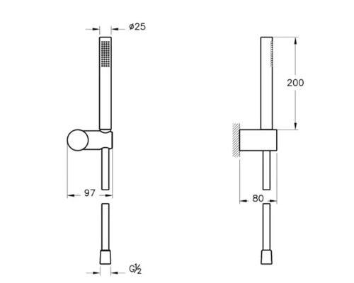 Technische Zeichnung einer Duschstange mit Handbrause und Maßangaben