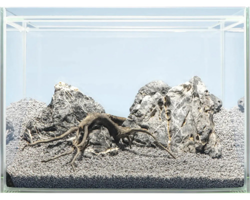 Eingerichtetes Süßwasseraquarium mit Steinen, Wurzelholz und Bodengrund