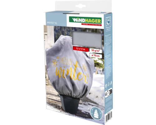 Protection hivernale housse en intissé Windhager housse décorative Protect XL 1,1 x 1,1 m, gris avec motif Hello Winter 50 g / mètre carré avec cordon