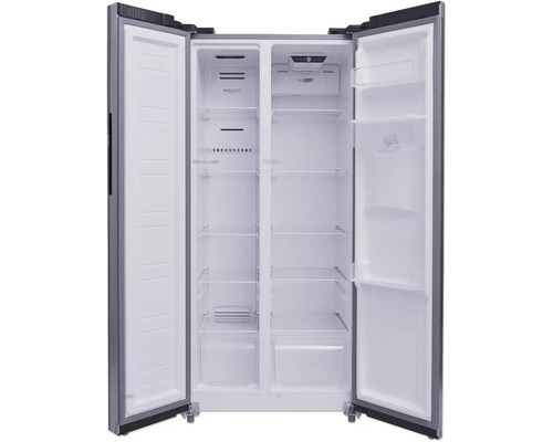 Réfrigérateur combiné américain ouvert avec étagères et compartiments