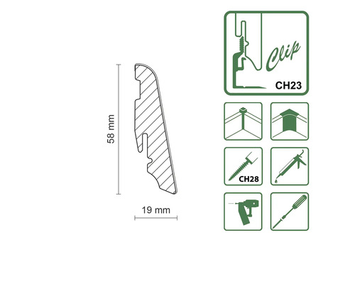 Image d''un profilé de plinthe avec des dimensions de 58 mm de hauteur et 19 mm de largeur, ainsi que des symboles pour le montage par clips, les raccords d''angle et les méthodes de fixation.