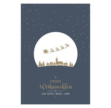 Illustration von Weihnachtsmann mit Rentierschlitten über Stadt, mit der Aufschrift Frohe Weihnachten und Ein gutes neues Jahr