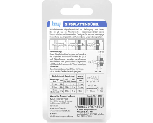 Cheville pour plaques de plâtre Knauf pour la fixation de charges sur les montants métalliques et les cloisons sèches
