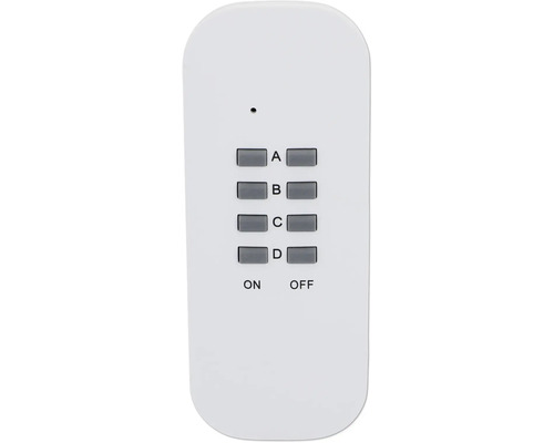 Télécommande blanche avec les inscriptions A, B, C, D, marche et arrêt