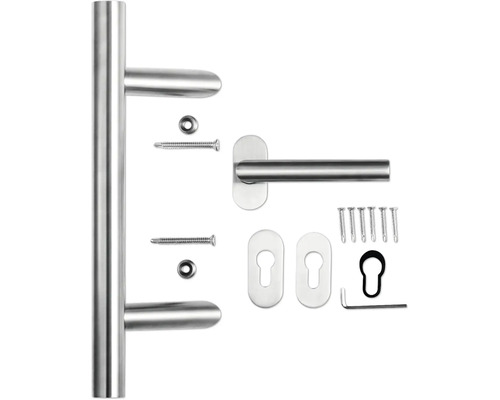 Türbeschlag-Set mit Griffstange, Türklinke, Rosetten und Befestigungsmaterial