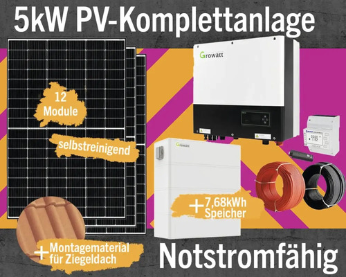 PV-Komplettanlage mit Speicher 7,68 kW (notstromfähig) 5 kWp inkl. Hybrid-Wechselrichter + Zubehör für Ziegeldach Solarmodul-Set Anzahl Module 12 Stück 5kW Photovoltaik Komplettanlage mit zwölf Modulen, 7,68 Kilowattstunden Speicher, Wechselrichter, Stromzähler und Montagematerial für Ziegeldach