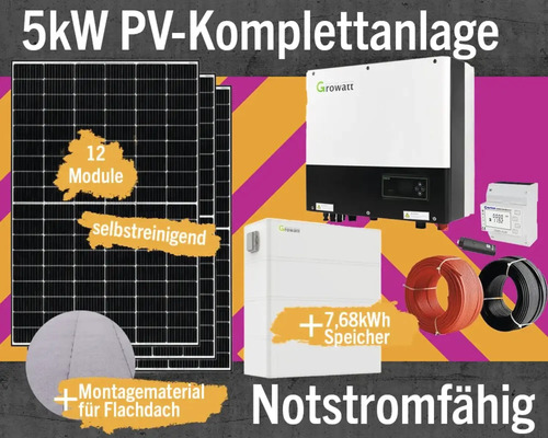 PV-Komplettanlage mit Speicher 7,68 kW (notstromfähig) 5 kWp inkl. Hybrid-Wechselrichter + Zubehör für Bitumen Flachdach Solarmodul-Set Anzahl Module 12 Stück