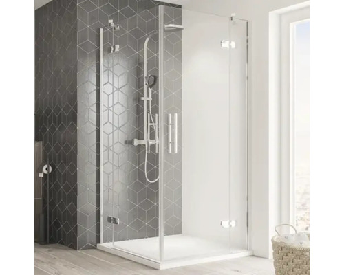 Douche accès d'angle avec porte pivotante en 4 éléments Breuer Avanta 80x100 cm en verre transparent avec revêtement résistant à la saleté, profilé couleur chrome