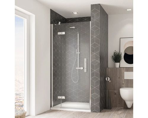 Porte de douche dans niche avec porte pivotante BREUER Avanta Express Q72 90 cm couleur du profilé chrome décor de vitre verre transparent avec verre antitache butée de porte à gauche poignée barre