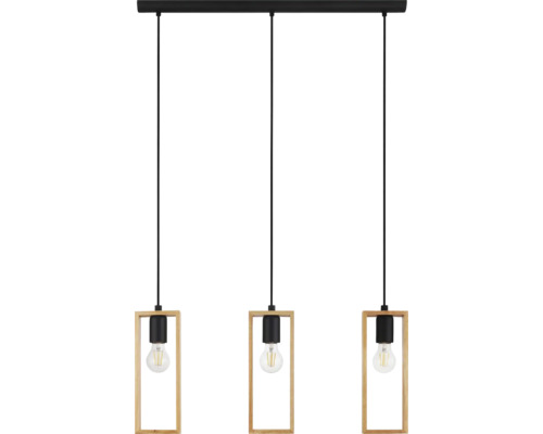 Hängelampe mit drei Holzrahmen und schwarzen Elementen