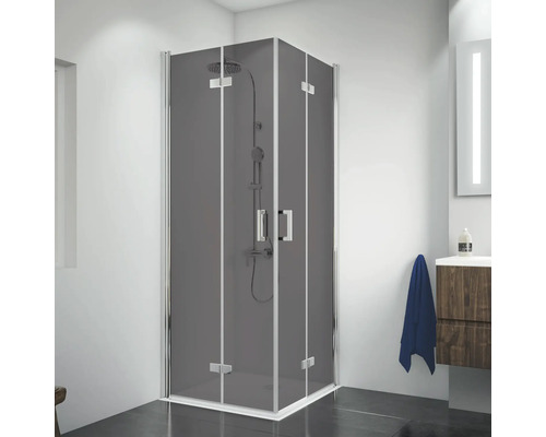 Douche accès d'angle avec porte pivotante-pliante Breuer Panorama 90x90 cm décor gris, profilé couleur chrome