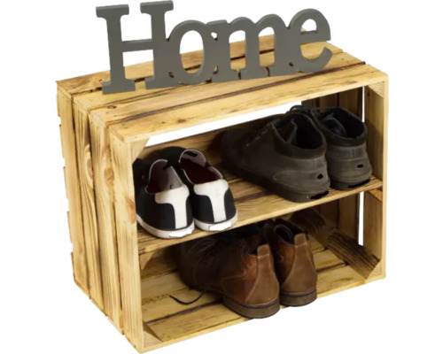 Étagère à chaussures en bois avec deux tablettes et inscription Home