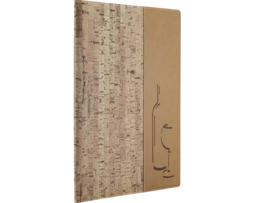 Speisekarte mit Korkstruktur und Flaschen-/Glasmotiv