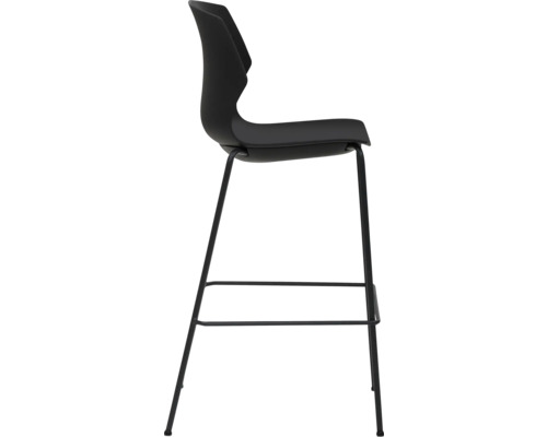 Tabouret de bar noir avec repose-pieds et structure en acier.