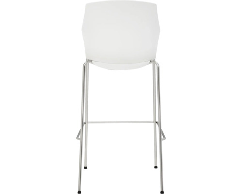 Weißer Barhocker mit Metallbeinen von hinten