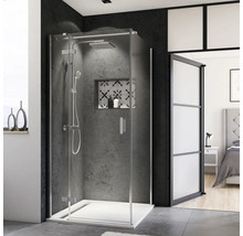 Begehbare Dusche mit Kopfbrause, Handbrause und Ablagefach im modernen Badezimmer.