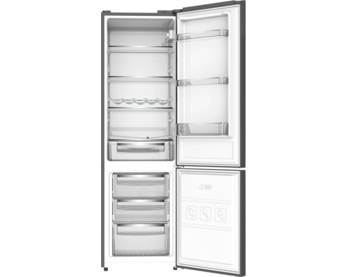 Geöffneter Kühlschrank mit Regalen und Schubladen