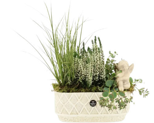 Arrangement tombal avec callune et herbe décorative pot L 23 cm motif béton