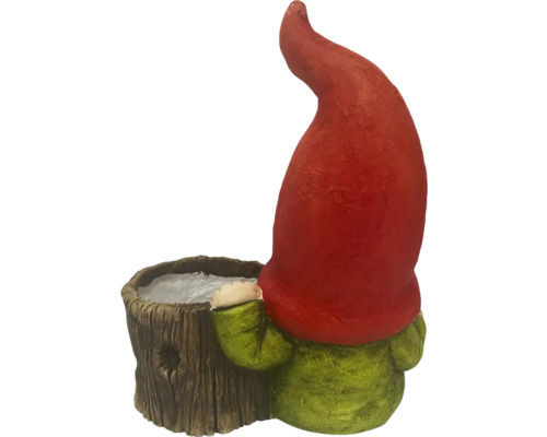 Gartenzwerg mit Pflanzgefäß von hinten