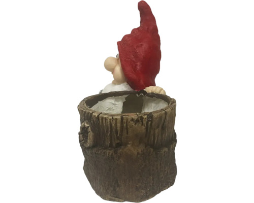 Blumentopf in Form eines Baumstumpfes mit Gartenzwerg