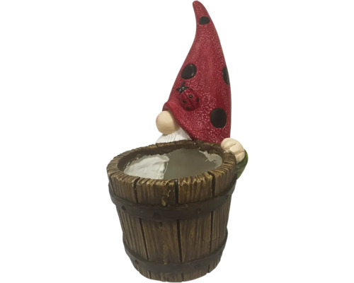 Gartenzwerg mit Pflanztopf in Form eines Holzfasses