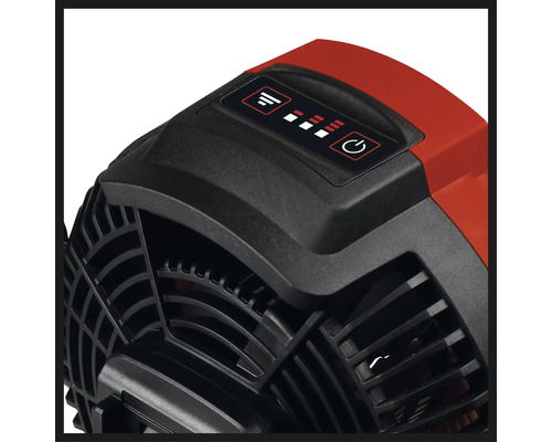 Vue détaillée d''un ventilateur avec commandes et indicateur de niveau de batterie