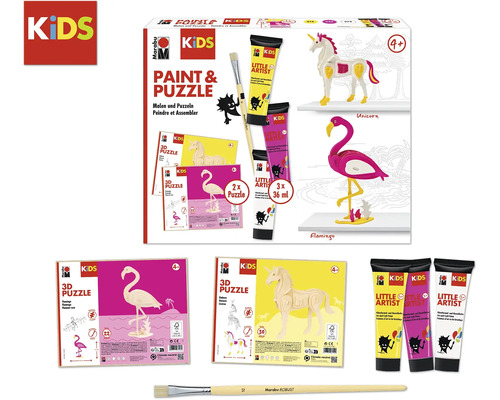 Marabu Kids Malen und Puzzeln Set mit Einhorn und Flamingo 3D Puzzle, Farben und Pinsel