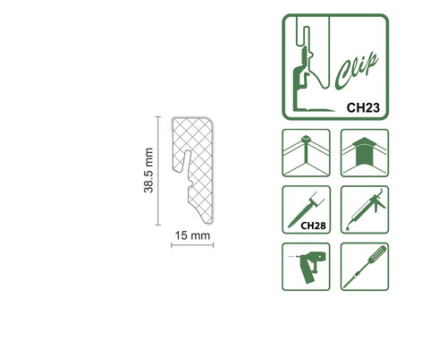 Clip CH23 zur Befestigung mit Schraube CH28, Bohrmaschine oder Schraubendreher, 38,5 x 15 Millimeter