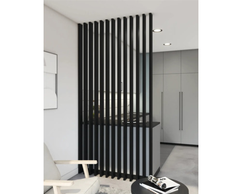 Lamelle pour séparation paroi à lamelles noire 2800 x 88 x 22 mm Salon moderne avec séparation de pièce en lamelles de bois noires