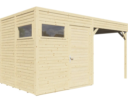 Abri de jardin Bertilo Cubo 2 avec extension de toit et plancher 449 x 240 cm naturel