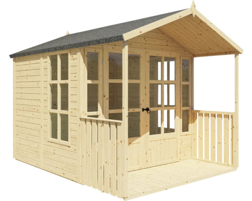 Abri de jardin en bois avec fenêtres, porte et véranda