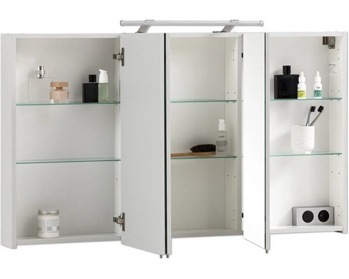 Armoire de toilette blanche ouverte avec étagères en verre et articles de salle de bain