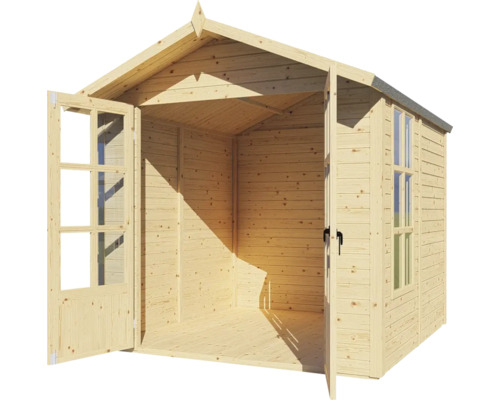 Abri de jardin en bois avec portes doubles ouvertes