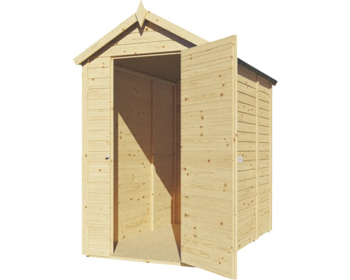 Holz Gartenhaus mit geöffneten Doppeltüren.