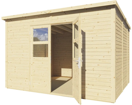 Holzgartenhaus mit geöffneten Doppeltüren und Fenster