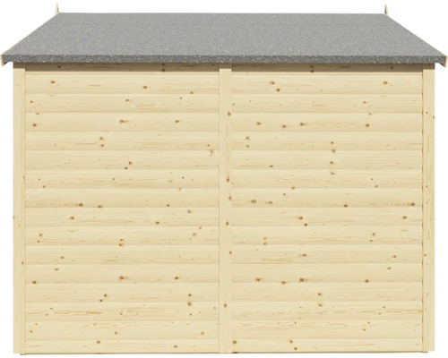 Rückansicht eines Gartenhauses aus Holz mit Dachpappe
