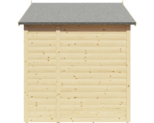 Rückansicht eines Holzgartenhauses mit Dachpappe