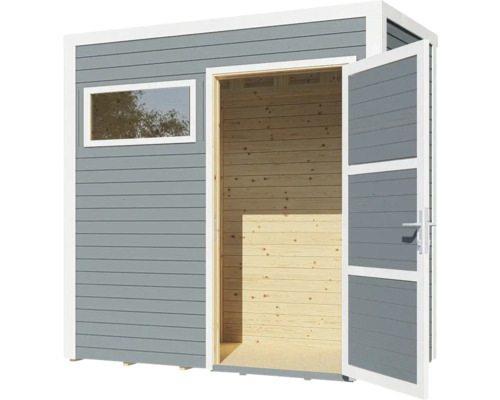 Gartenhaus aus Holz mit Fenster und geöffneter Doppeltür