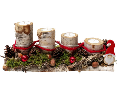 Composition de l'Avent avec 4 petites bougies de chauffe-plat de 4 cm sur bois de bouleau, L35 cm l6 cm h 12-14 cm Composition de l'Avent avec 4 petites bougies de chauffe-plat de 4 cm sur bois de bouleau, L35 cm l6 cm h 12-14 cm