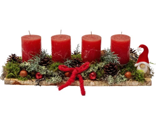 Composition de l'Avent tablette en bouleau avec 4 bougies rustiques rouges 80/50 mm avec pommes de pin et boules de Noël