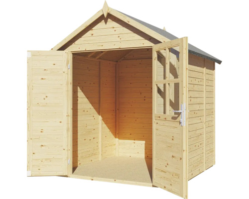 Gartenhaus aus Holz mit geöffneten Doppeltüren
