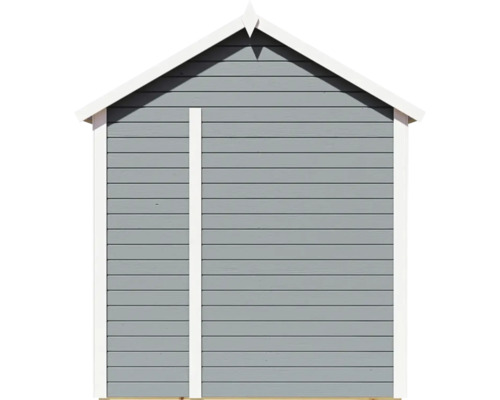 Vorderansicht eines grauen Gartenhauses mit horizontaler Holzverkleidung