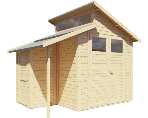 Abri de jardin en bois avec double porte, fenêtres et auvent.