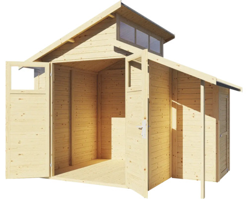 Abri de jardin en bois avec portes ouvertes