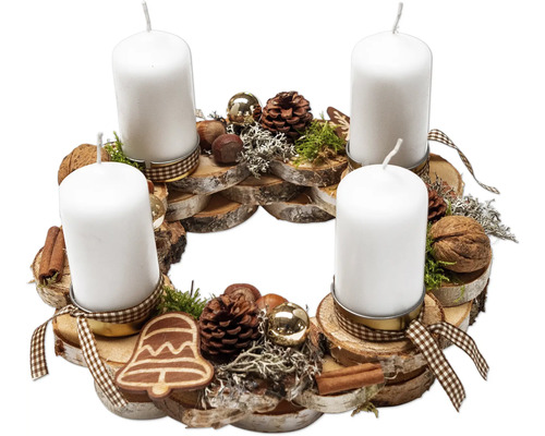 Couronne de l'Avent env. 35 cm de Ø tranches en bois de bouleau rondes avec 4 bougies piliers rustiques 80/50 mm blanc Couronne de l'Avent env. 35 cm de Ø tranches en bois de bouleau rondes avec 4 bougies piliers rustiques 80/50 mm blanc