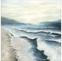 Gemälde einer Meereslandschaft mit Strand, Wellen und Bergen