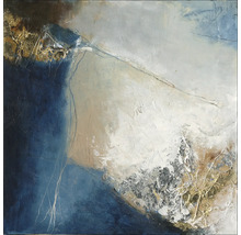 Tableau mural abstrait avec des éléments bleus, blancs et dorés