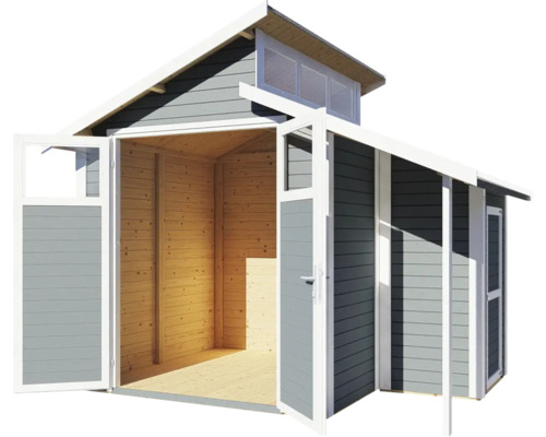 Gartenhaus mit geöffneten Türen, Holzkonstruktion und Oberlicht