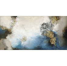 Abstraktes Gemälde auf Leinwand mit weißem, blauem und goldenem Farbmuster