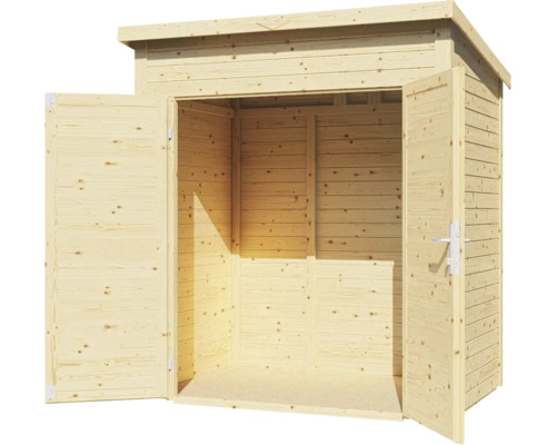 Offener Holz Geräteschuppen mit Doppeltür.